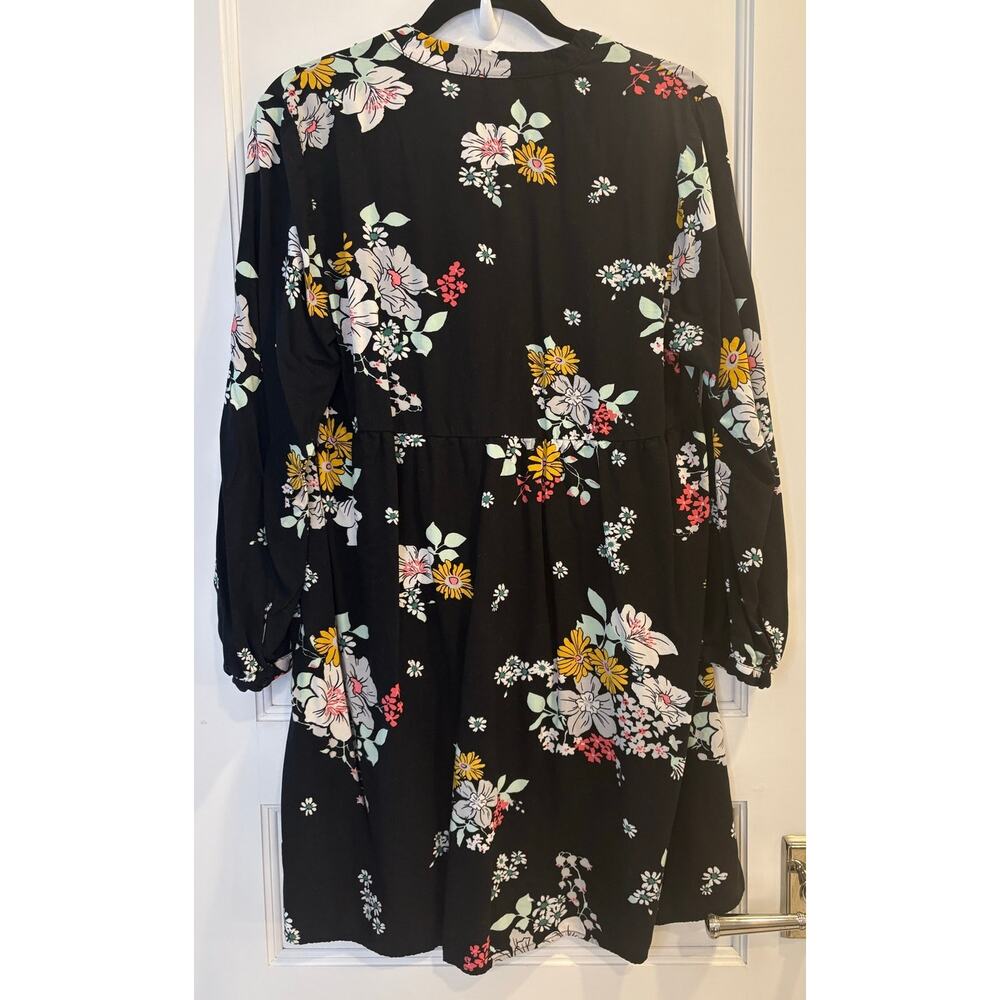 Old Navy Black Floral Pleated V-Neck Shift Dress L/S Boho Cottagecore Large - Picture 2 of 4